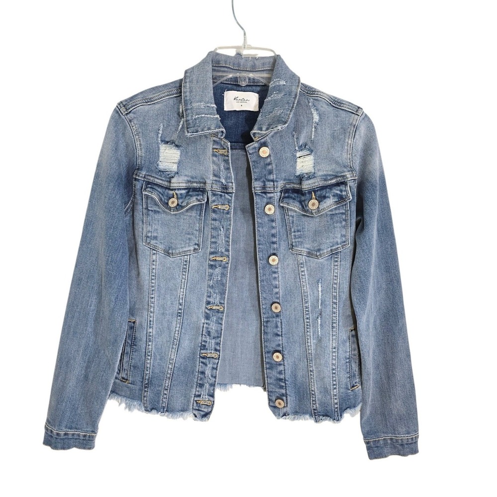 KanCan Distressed Denim Jacket Medium Wash Frayed Raw Hem KC5085M Womens Size M
